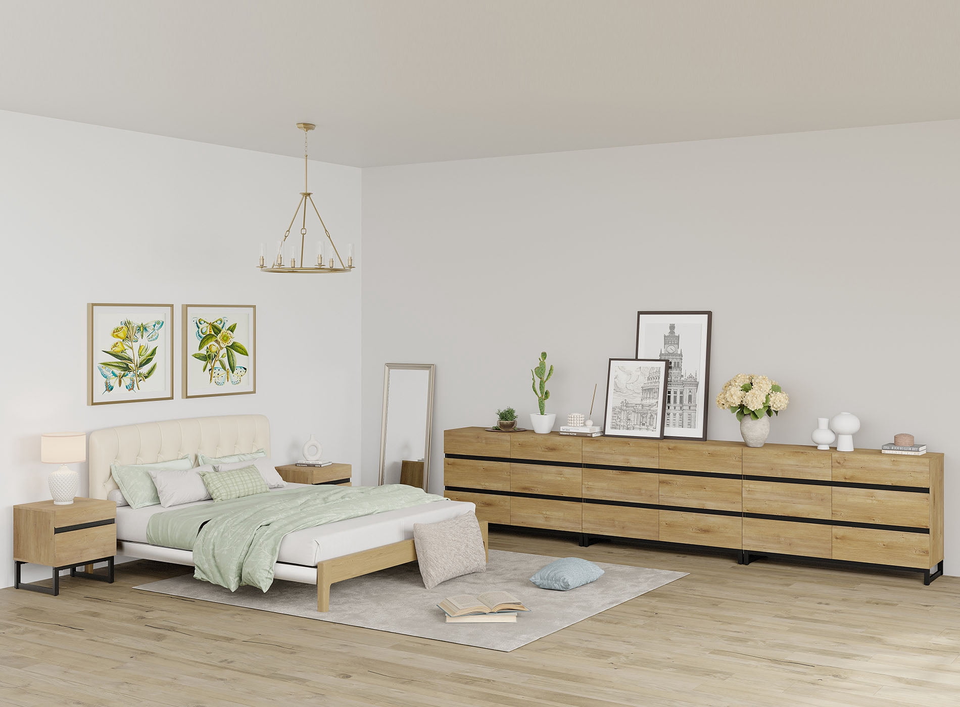WAMPAT 5-Piece Bedroom Set, Modern 142" 18-Drawer Dresser & 2 Nightstands (2 Drawers Each)