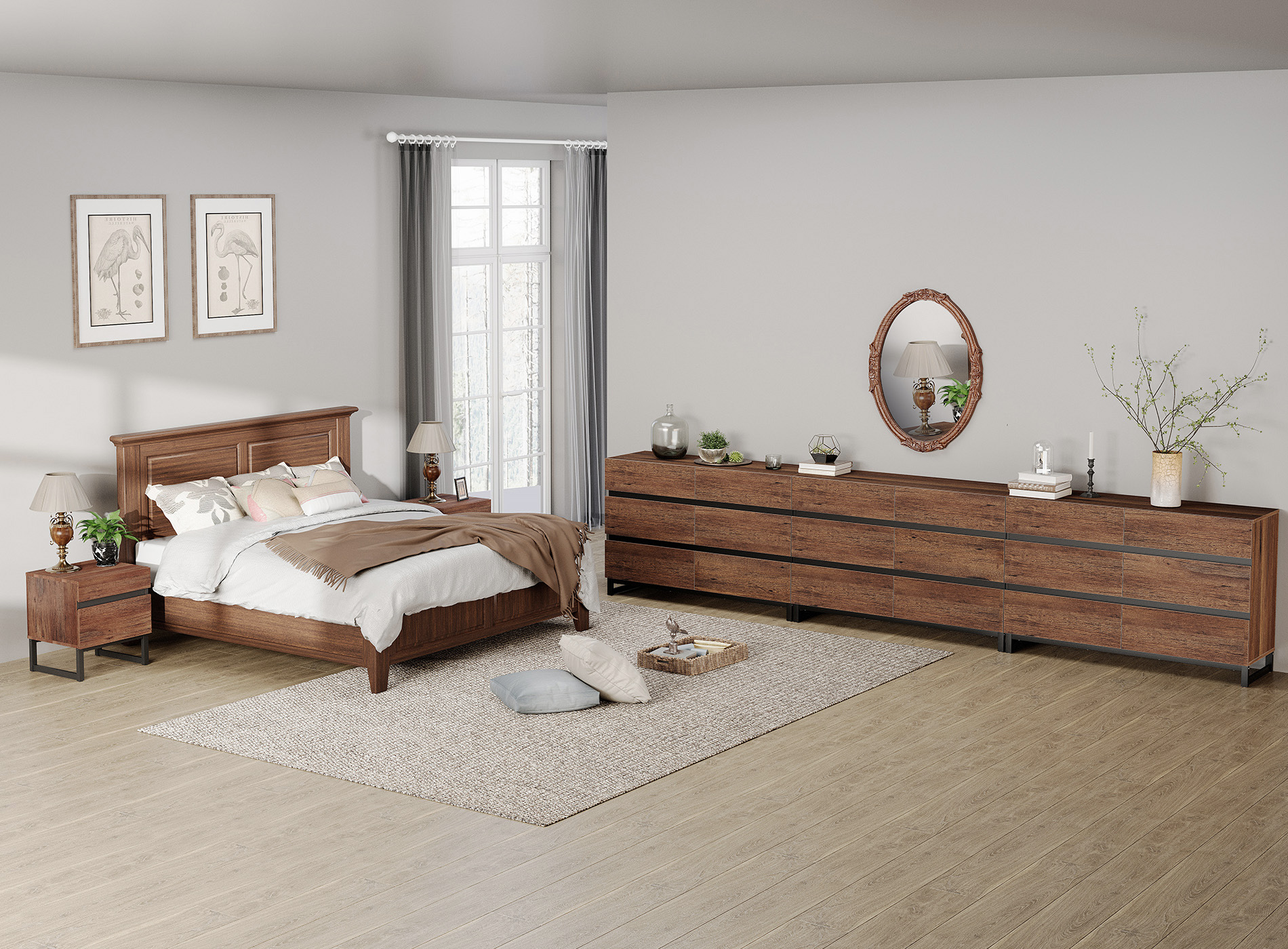 WAMPAT 5-Piece Bedroom Set, Modern 142" 18-Drawer Dresser & 2 Nightstands (2 Drawers Each)