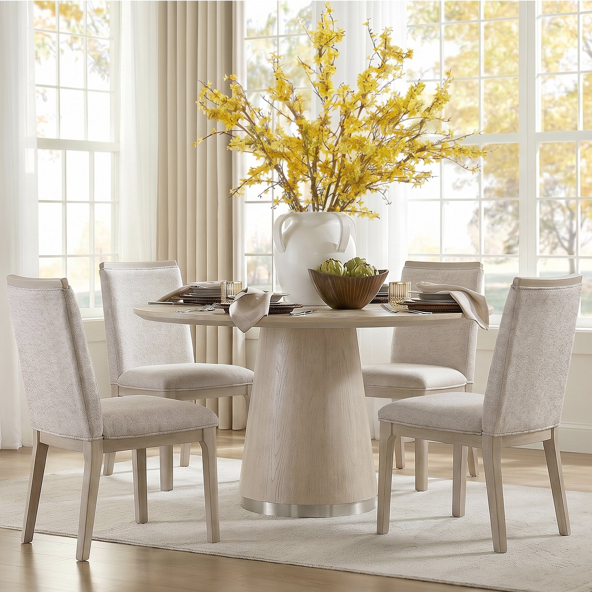 WAMPAT 5 Pieces Dining Room Furniture Set, 43" Round Pedestal Base Kitchen Table and Set of 4 Upholstered Solid Wood Dining Chairs