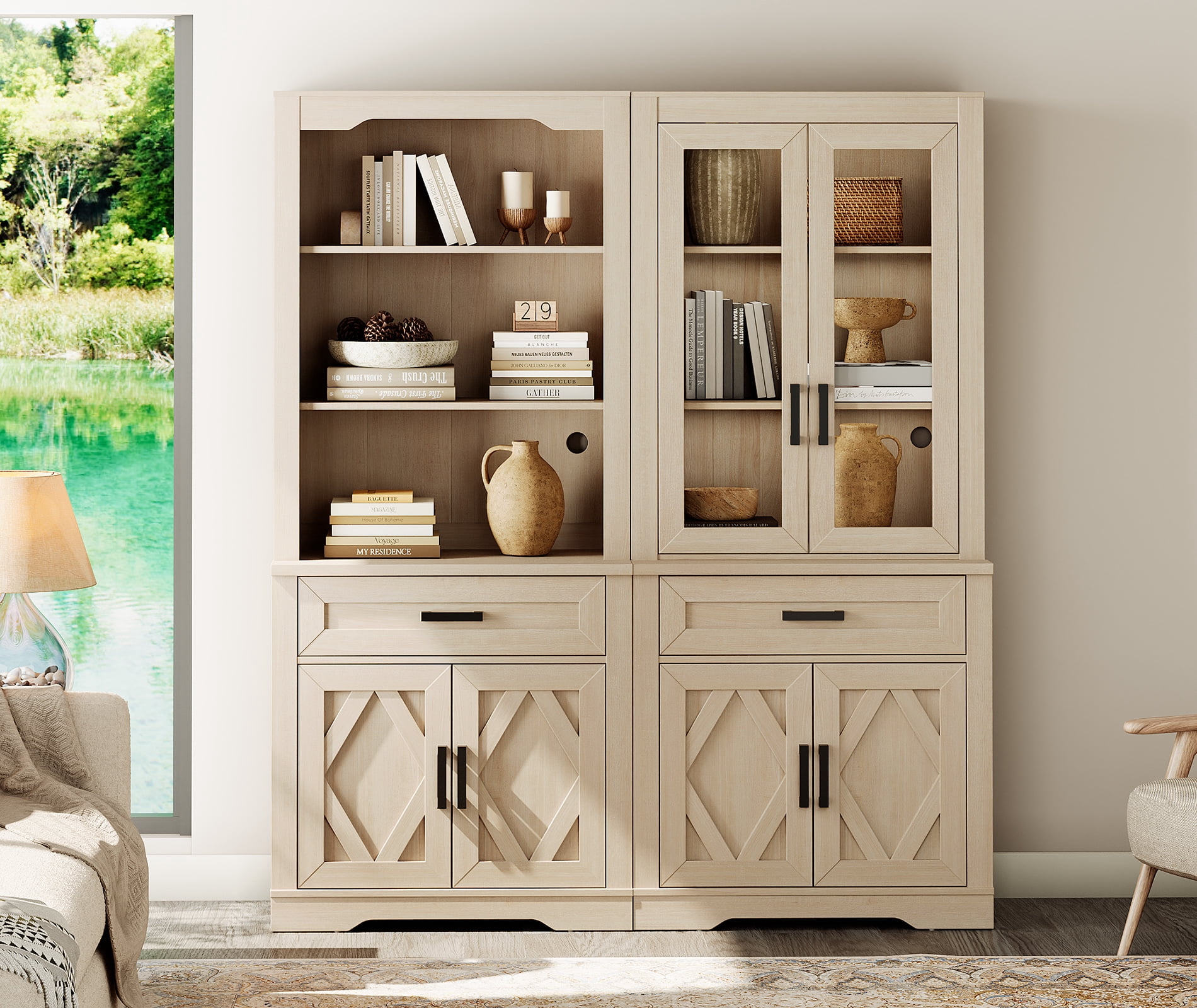 WAMPAT 5 Tier Bookcase with Barn Door,73.3" Tall Open Storage Bookshelf,Floor Standing Farmhouse Display Organizer with Drawer and Glass Door for Home Office,Living Room,Beige Oak
