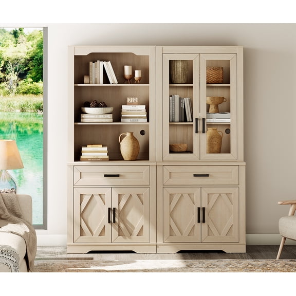 WAMPAT 5 Tier Bookcase with Barn Door,73.3" Tall Open Storage Bookshelf,Floor Standing Farmhouse Display Organizer with Drawer and Glass Door for Home Office,Living Room,Beige Oak