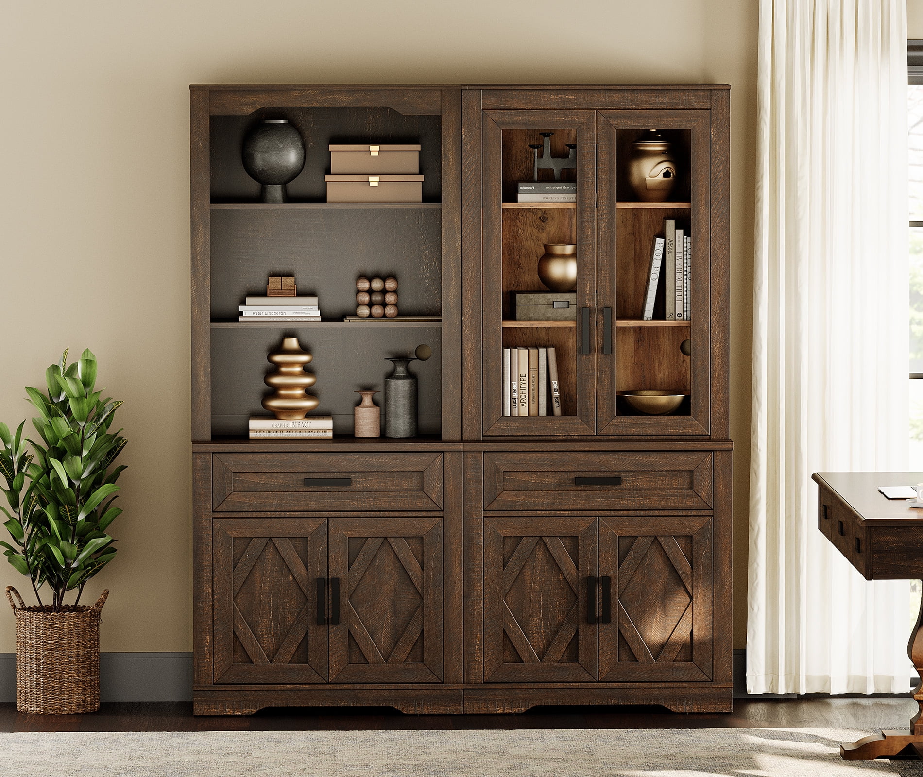 WAMPAT 5 Tier Bookcase with Barn Door,73.3" Tall Open Storage Bookshelf,Floor Standing Farmhouse Display Organizer with Drawer and Glass Door for Home Office,Living Room,Espresso Brown