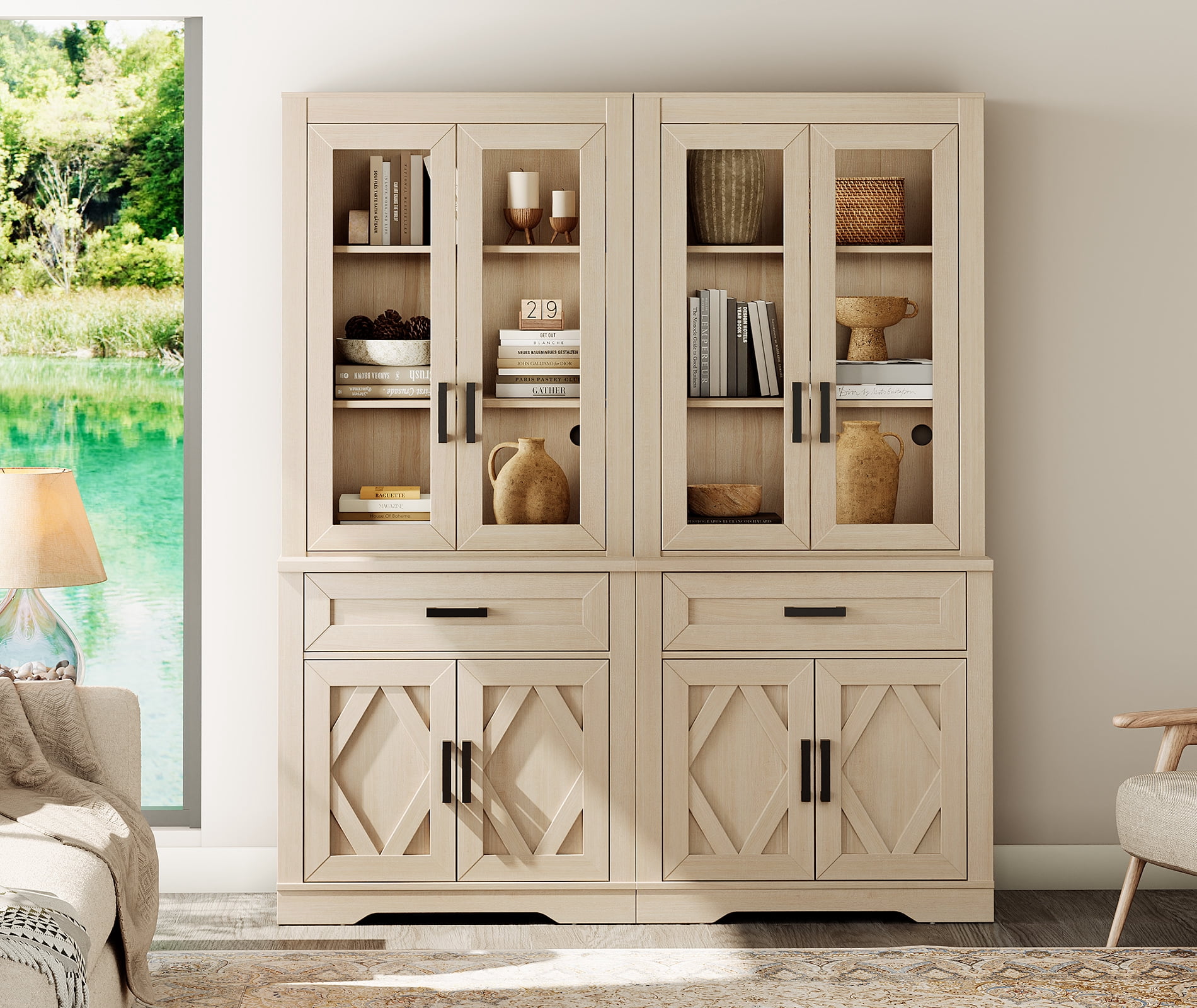 WAMPAT 5 Tier Bookcase with Barn Door,73.3" Tall Open Storage Bookshelf,Floor Standing Farmhouse Display Organizer with Drawer for Home Office,Living Room,Beige