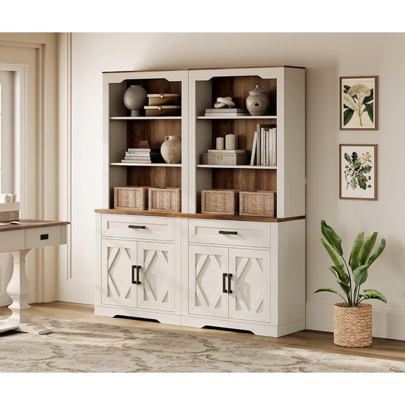 WAMPAT 5 Tier Bookcase with Barn Door,73.3" Tall Open Storage Bookshelf,Floor Standing Farmhouse Display Organizer with Drawer for Home Office,Living Room,Cream White