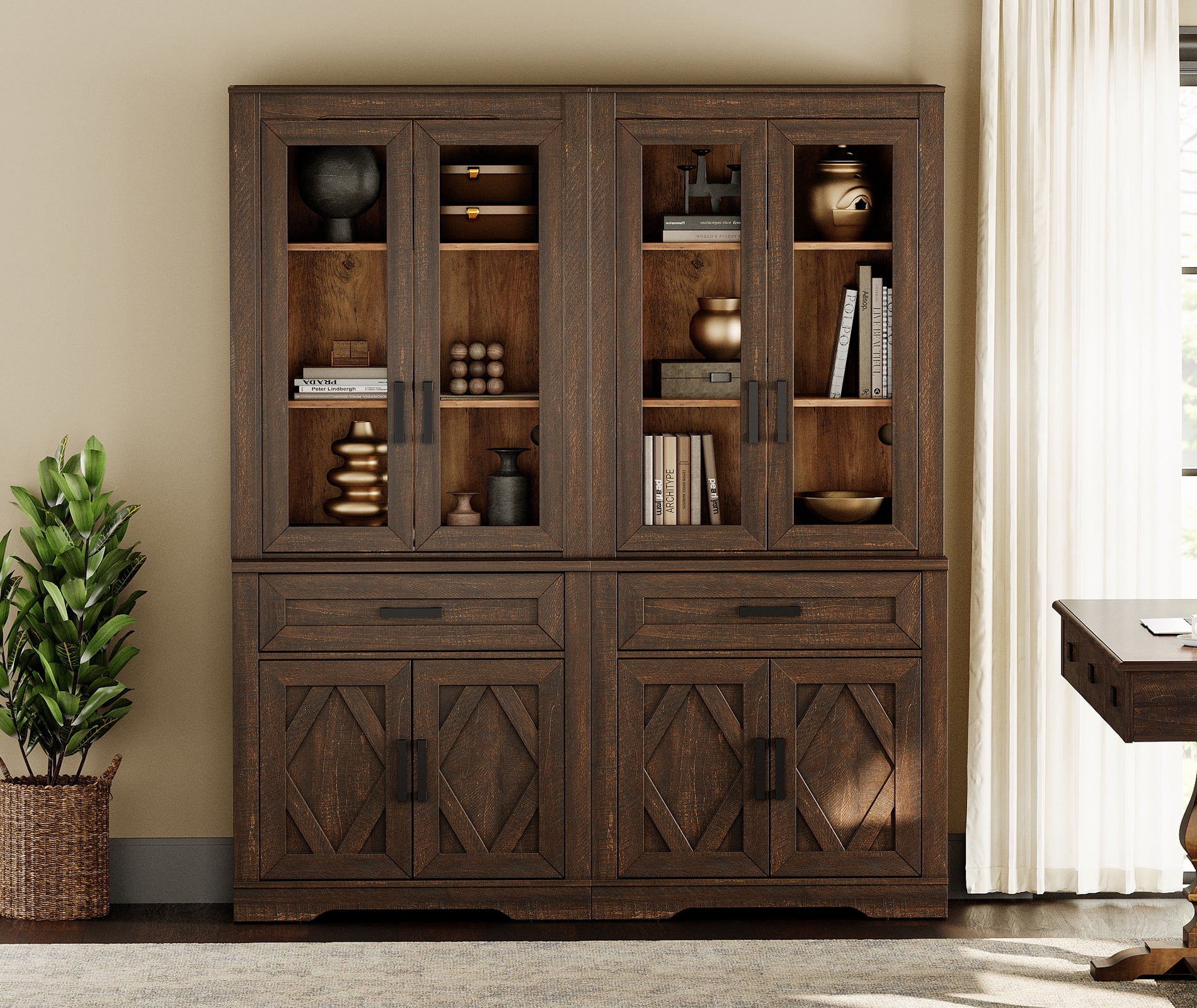 WAMPAT 5 Tier Bookcase with Barn Door,73.3" Tall Open Storage Bookshelf,Floor Standing Farmhouse Display Organizer with Drawer for Home Office,Living Room,Espresso