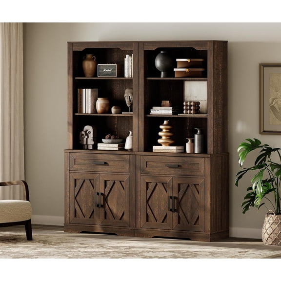 WAMPAT 5 Tier Bookcase with Barn Door,73.3" Tall Open Storage Bookshelf,Floor Standing Farmhouse Display Organizer with Drawer for Home Office,Living Room,Rustic Brown