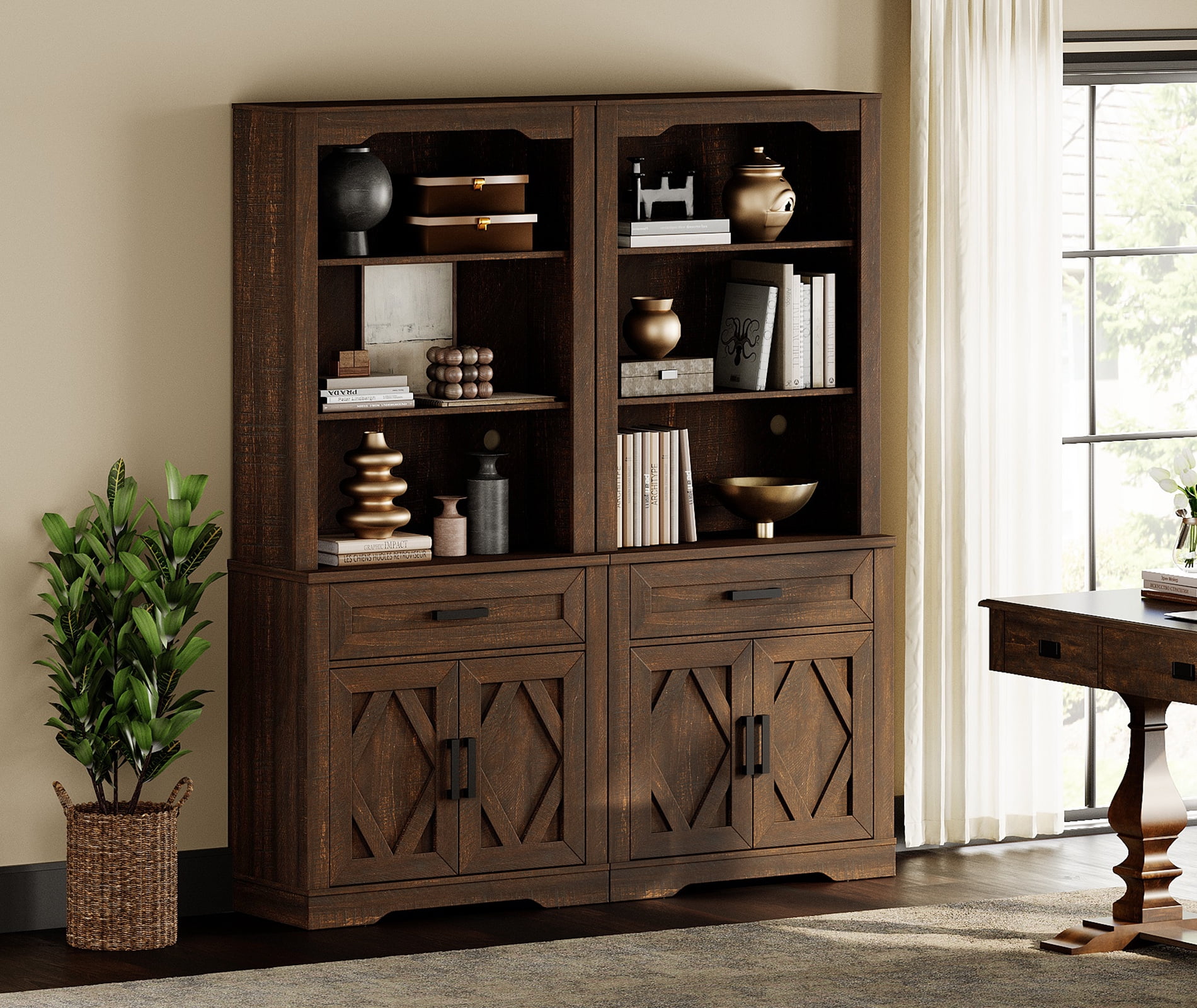 WAMPAT 5 Tier Bookcase with Barn Door,73.3" Tall Open Storage Bookshelf,Floor Standing Farmhouse Display Organizer with Drawer for Home Office,Living Room,Rustic Brown