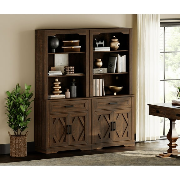 WAMPAT 5 Tier Bookcase with Barn Door,73.3" Tall Open Storage Bookshelf,Floor Standing Farmhouse Display Organizer with Drawer for Home Office,Living Room,Rustic Brown