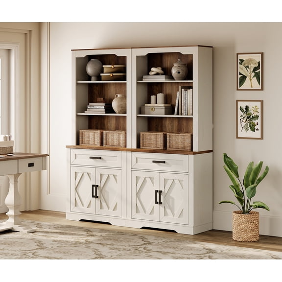 WAMPAT 5 Tier Bookcase with Barn Door,73.3" Tall Open Storage Bookshelf,Floor Standing Farmhouse Display Organizer with Drawer for Home Office,Living Room,Rustic White