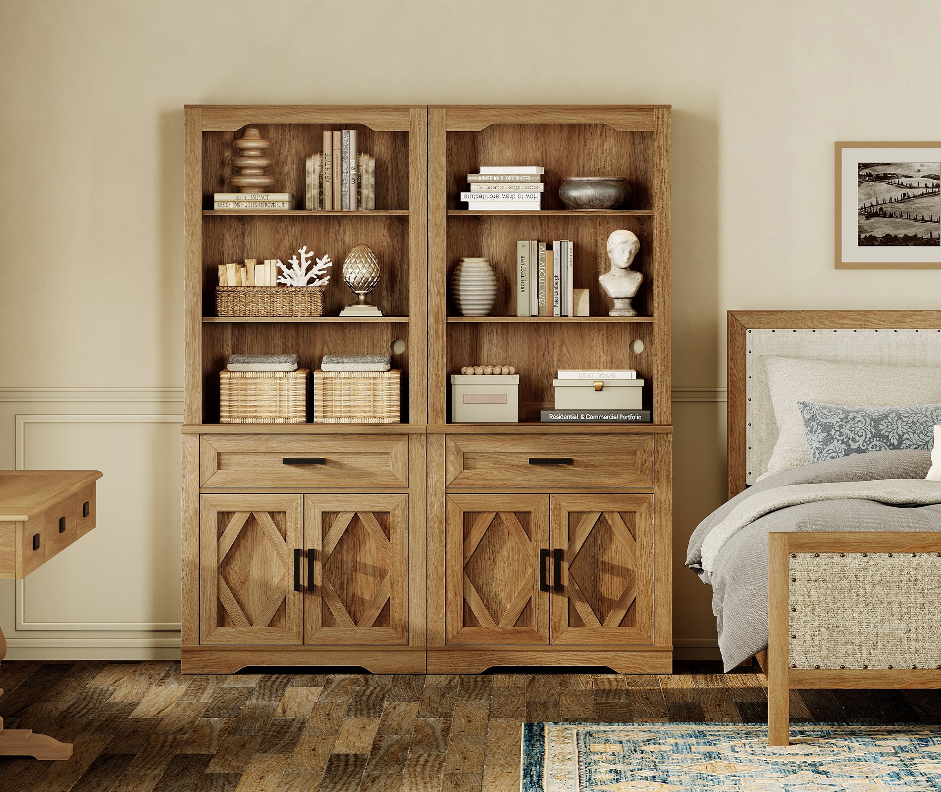 WAMPAT 5 Tier Bookcase with Barn Door,73.3" Tall Open Storage Bookshelf,Floor Standing Farmhouse Display Organizer with Drawer for Home Office,Living Room,Vintage Oak
