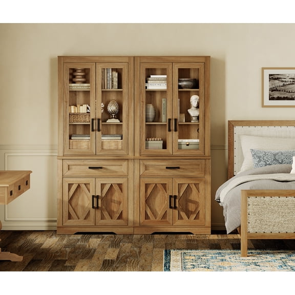 WAMPAT 5 Tier Bookcase with Barn Door,73.3" Tall Open Storage Bookshelf,Floor Standing Farmhouse Display Organizer with Drawer for Home Office,Living Room,Walnut