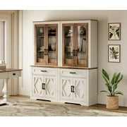 WAMPAT 5 Tier Bookcase with Barn Door,73.3" Tall Wooden Storage Bookshelf,Floor Standing Farmhouse Display Organizer with Drawer and Glass Door for Home Office,Living Room,Oak