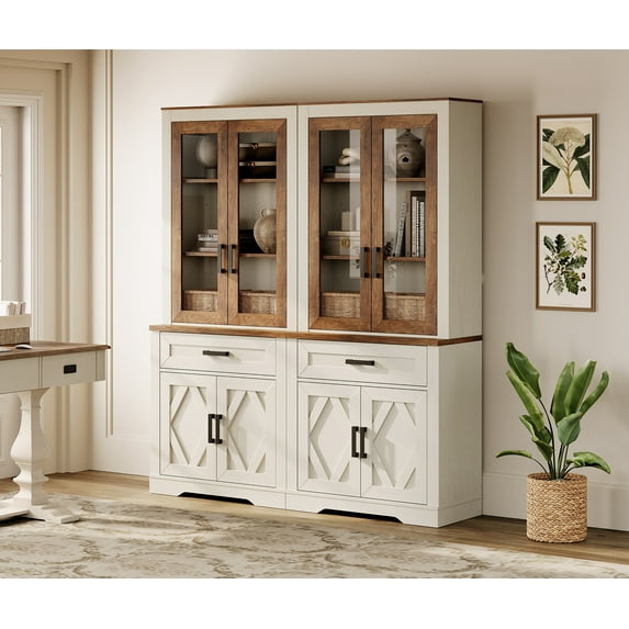 WAMPAT 5 Tier Bookcase with Barn Door,73.3" Tall Wooden Storage Bookshelf,Floor Standing Farmhouse Display Organizer with Drawer and Glass Door for Home Office,Living Room,Oak