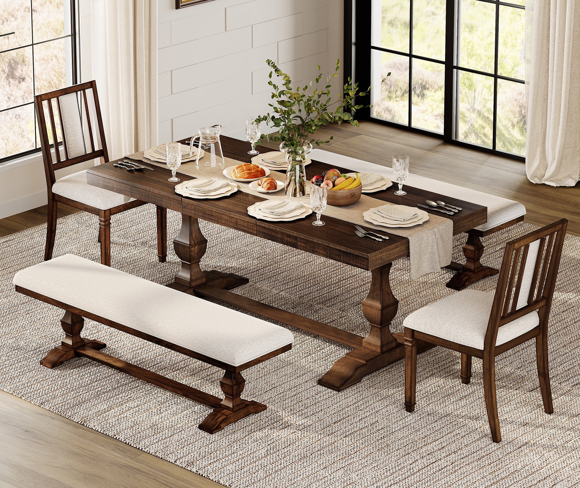 WAMPAT 5-pieces Farmhouse Dinning Table for 6-8,74.8" Kitchen Table Set with 2 Benches and 2 Chairs,Solid Wood Legs and Cushion Seat for Kitchen & Living Room,Brown