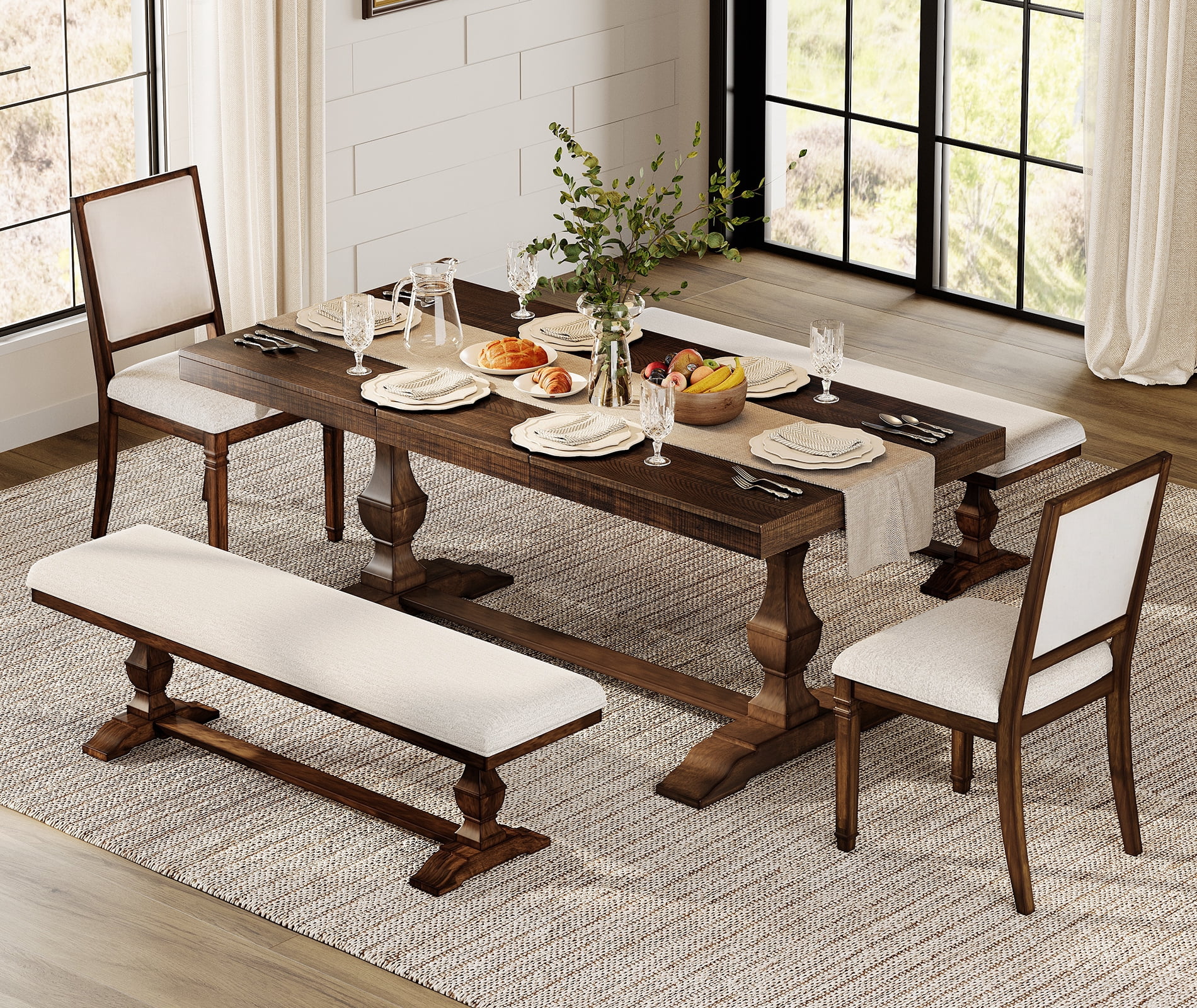WAMPAT 5-pieces Farmhouse Dinning Table for 6-8,74.8" Kitchen Table Set with 2 Benches and 2 Chairs,Solid Wood Legs and Cushion Seat for Kitchen & Living Room,Espresso Brown