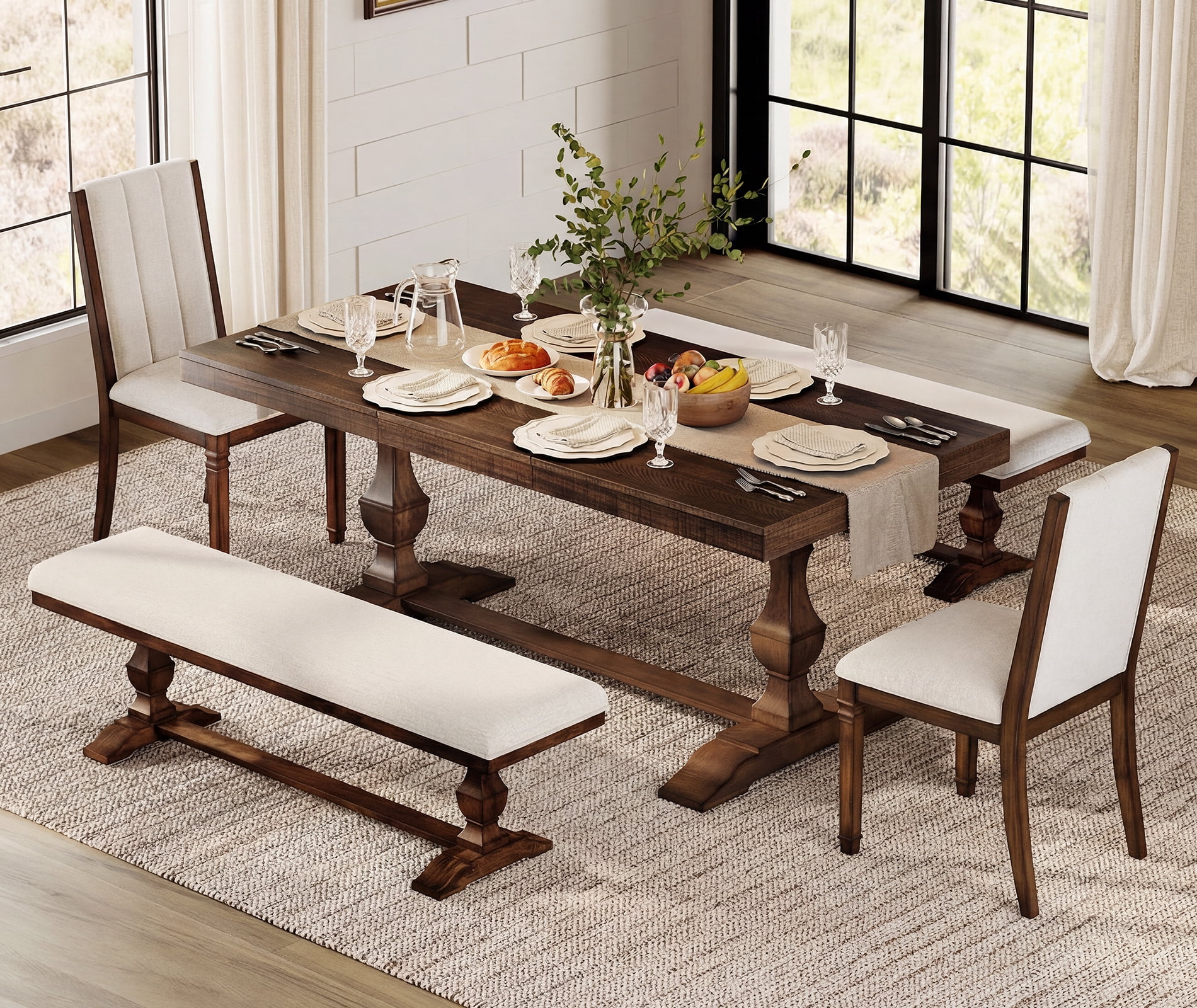 WAMPAT 5-pieces Farmhouse Dinning Table,74.8" Kitchen Table Set with 2 Benches and 2 Chairs for 6-8,Solid Wood Legs and Cushion Seat for Kitchen & Living Room,Espresso