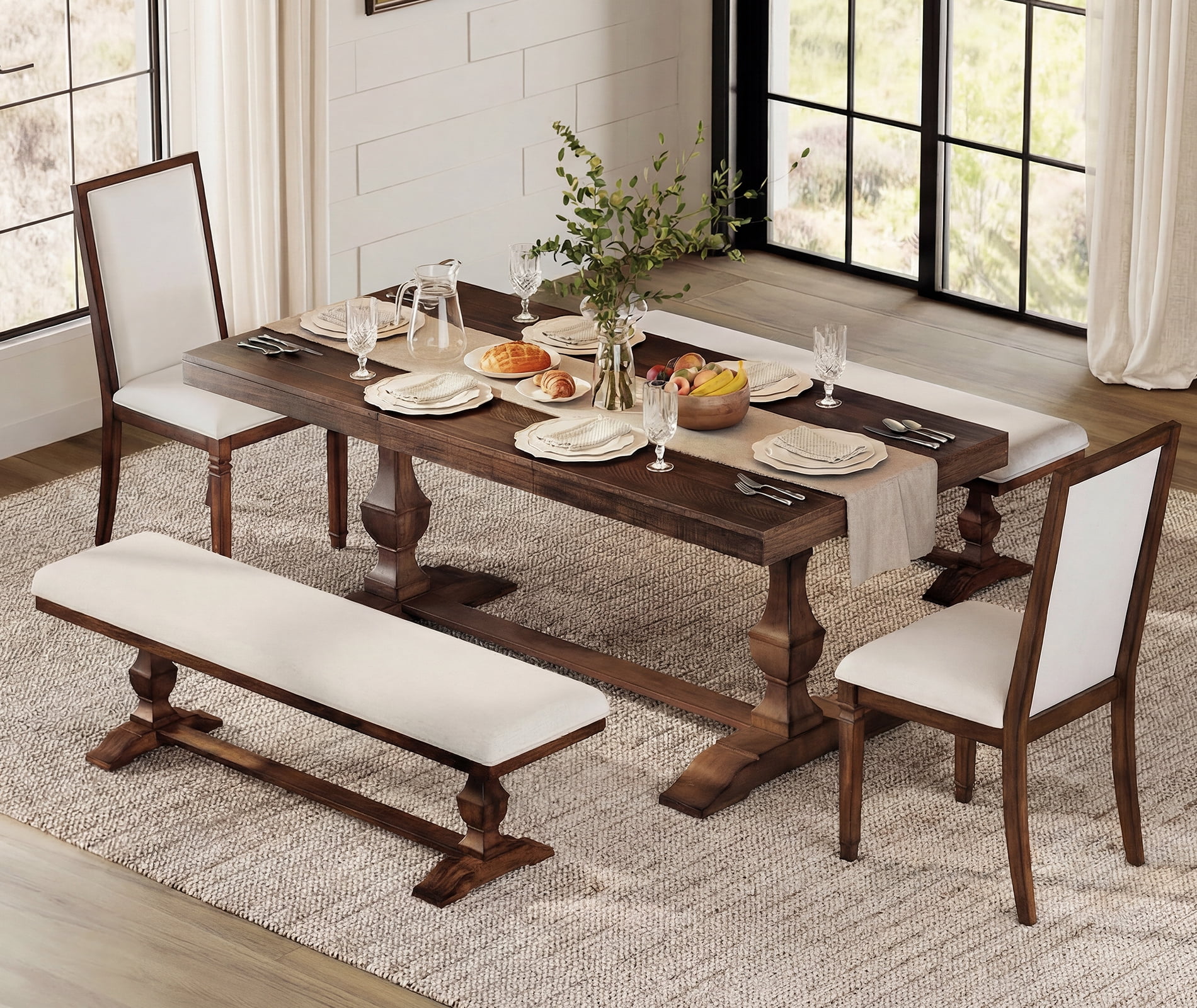 WAMPAT 5-pieces Farmhouse Dinning Table,74.8" Kitchen Table Set with 2 Benches and 2 Chairs for 6-8,Solid Wood Legs and Cushion Seat for Kitchen & Living Room,Rustic Brown