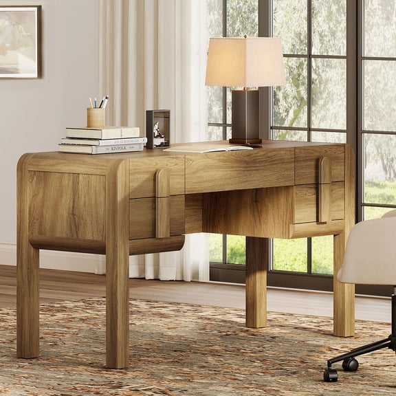 WAMPAT 53.5"W Mid-Century Modern Curved Desk with 5 Drawers & Charging Station, Wood Writing Computer Desk for Home Office, Bedroom & Study Room