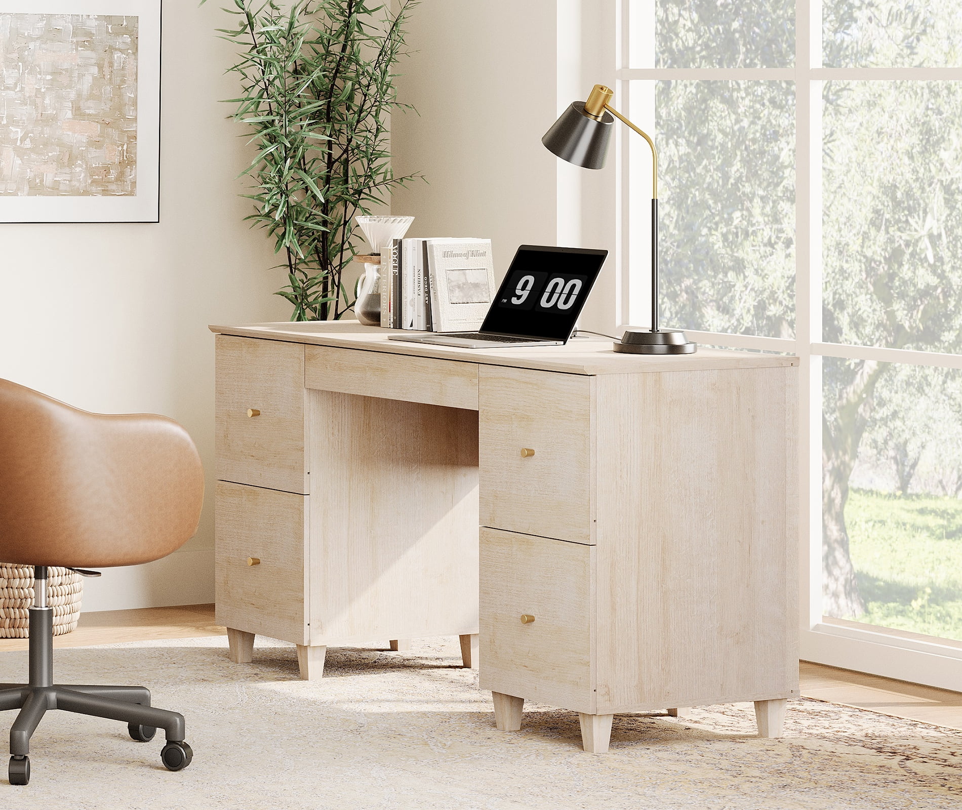 WAMPAT 58" Executive Desk with 5 Drawers, Modern Farmhouse Home Office Computer Table with Charging Station, Light Oak