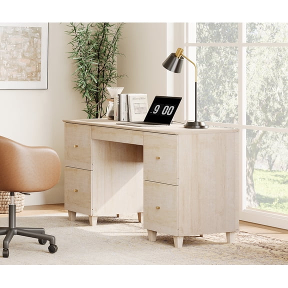 WAMPAT 58" Executive Desk with 5 Drawers, Modern Farmhouse Home Office Computer Table with Charging Station, Light Oak