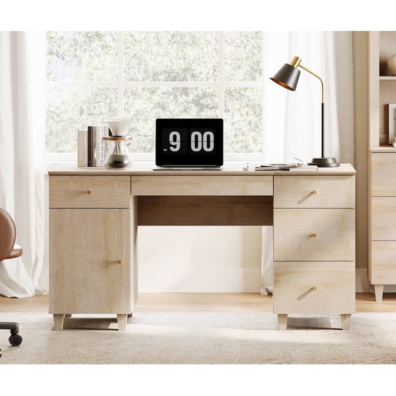 WAMPAT 58" Executive Desk with 5 Drawers and 1 Door, Modern Farmhouse Home Office Computer Table with Charging Station, Light Oak