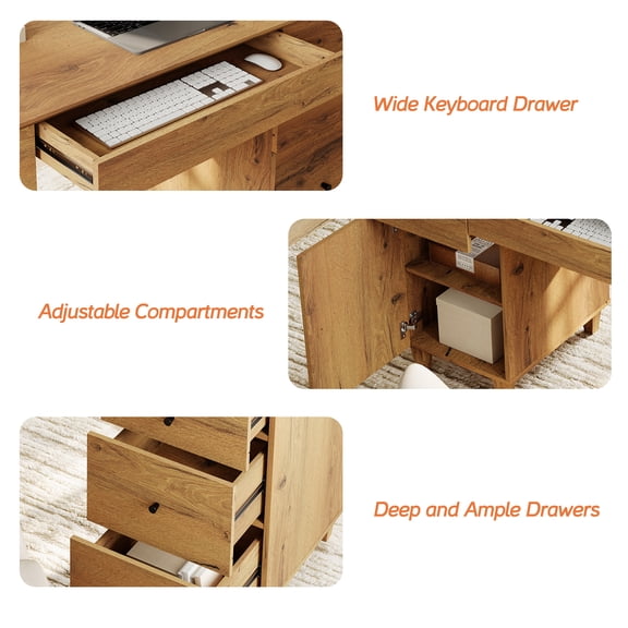 WAMPAT 58" Executive Desk with 5 Drawers and 1 Door, Modern Farmhouse Home Office Computer Table with Charging Station, Oak Brown