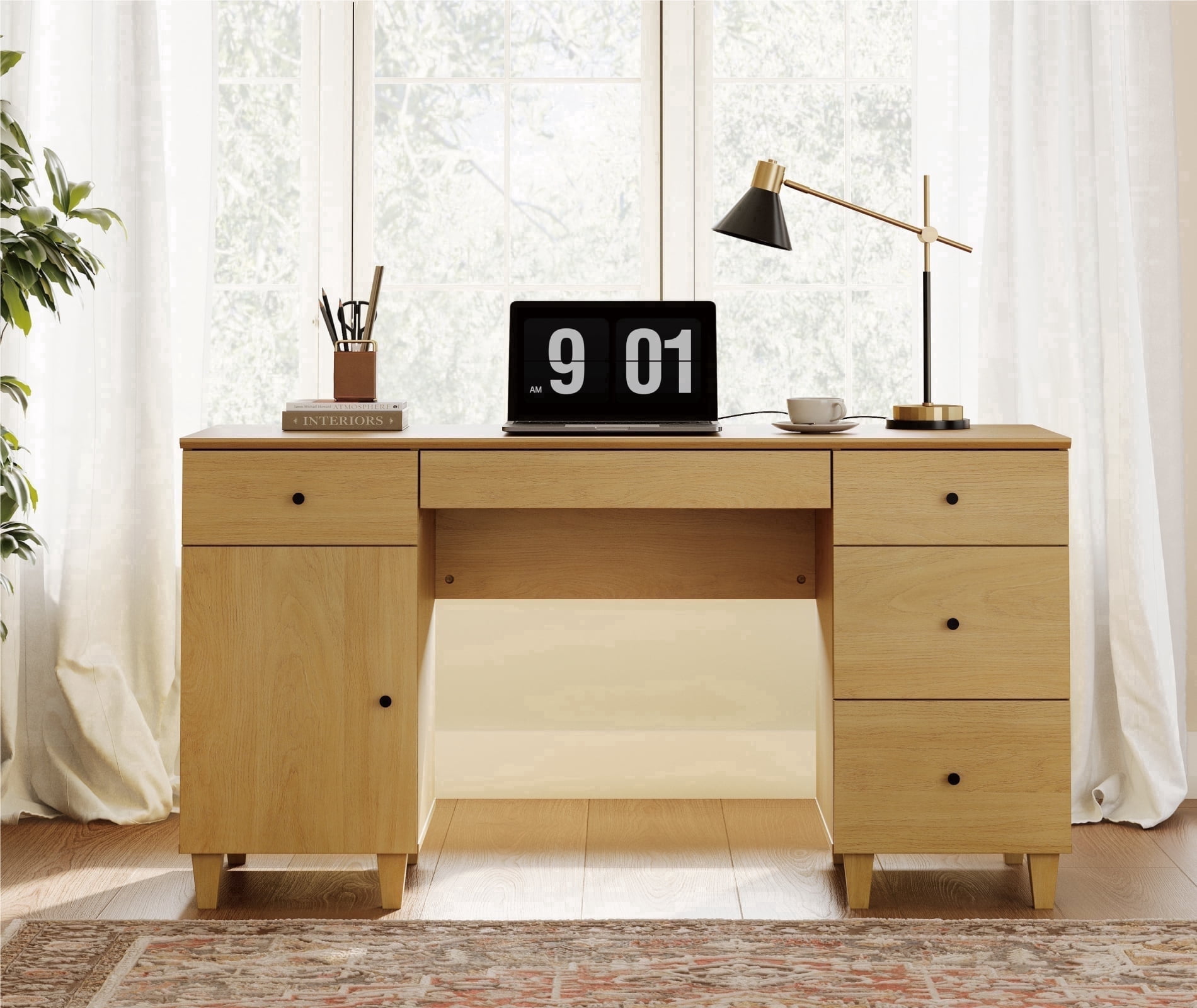 WAMPAT 58" Executive Desk with 5 Drawers and 1 Door, Modern Farmhouse Home Office Computer Table with Charging Station, Oak