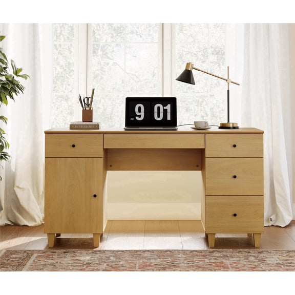 WAMPAT 58" Executive Desk with 5 Drawers and 1 Door, Modern Farmhouse Home Office Computer Table with Charging Station, Oak