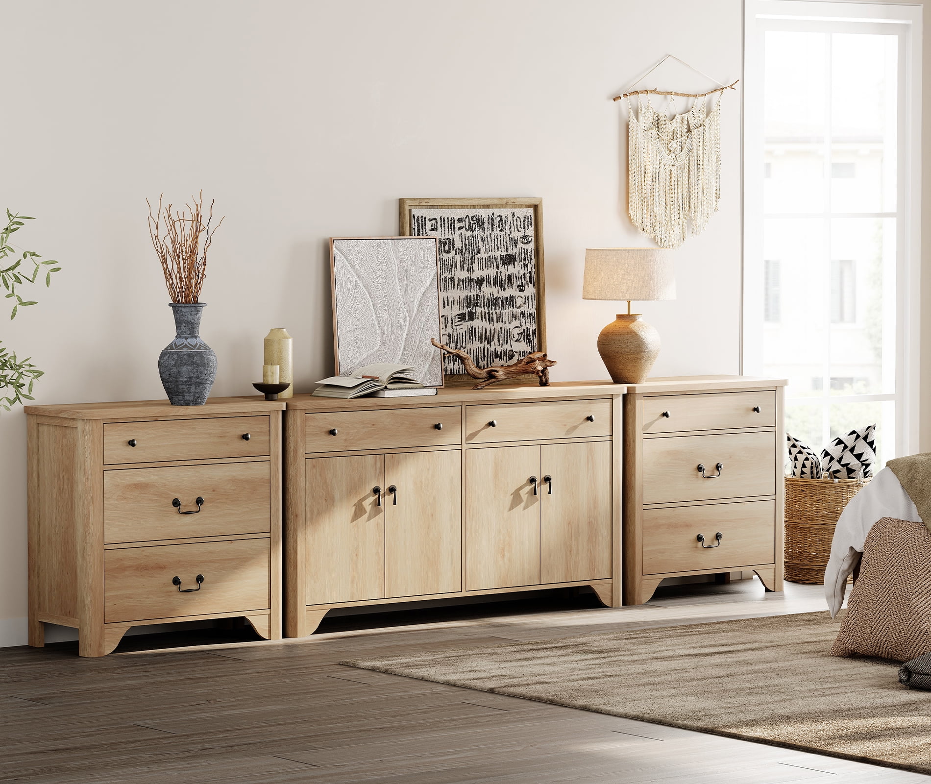WAMPAT 59" Farmhouse Sideboard Buffet Cabinet with 3-Drawer Dresser Set of 2,Wood Coffee Bar Cabinet with Storage for Bedroom,Kitchen,Entryway,Hallway,and Living Room,Oak