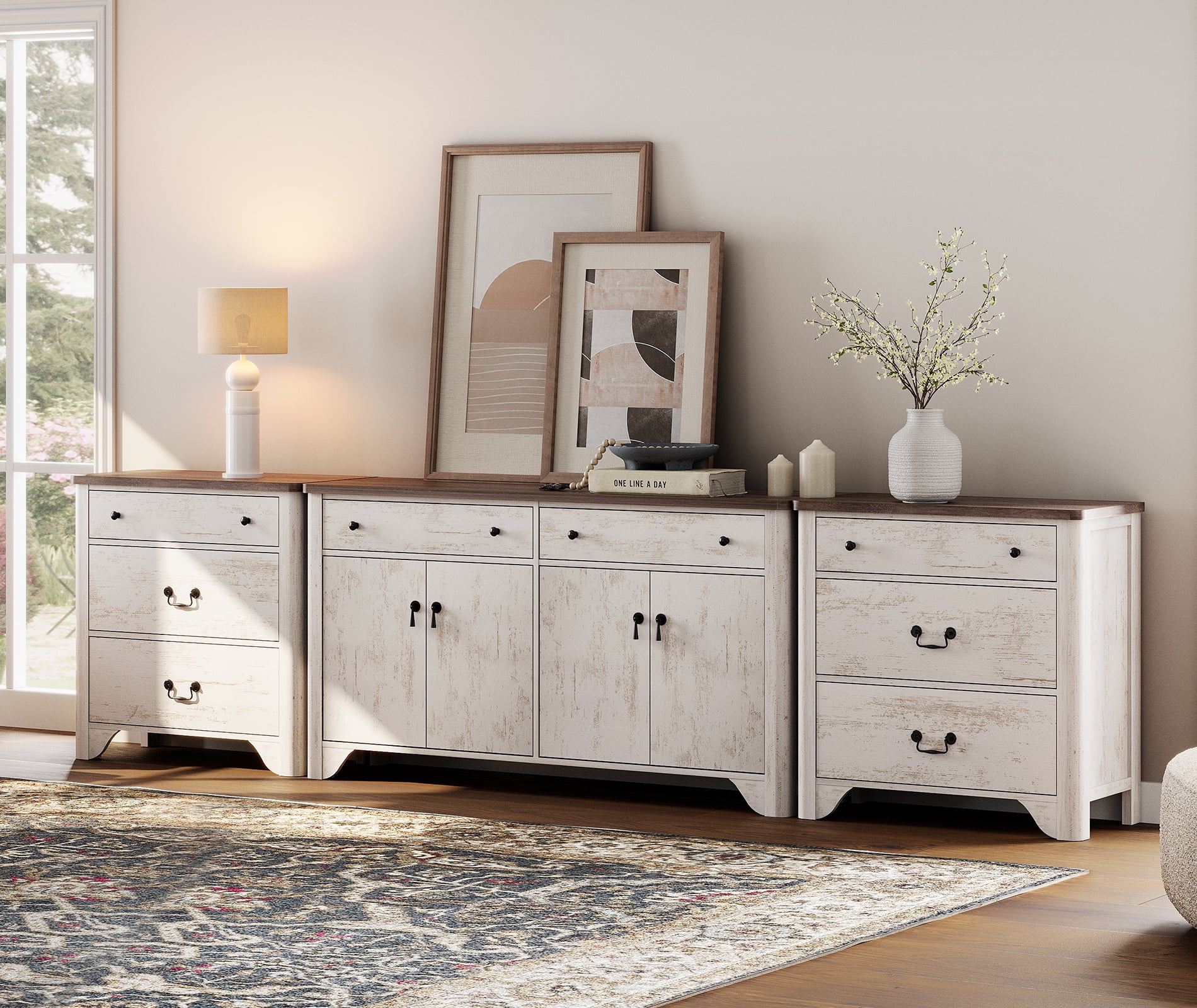 WAMPAT 59" Farmhouse Sideboard Buffet Cabinet with 3-Drawer Dresser Set of 2,Wood Coffee Bar Cabinet with Storage for Bedroom,Kitchen,Entryway,Hallway,and Living Room,White