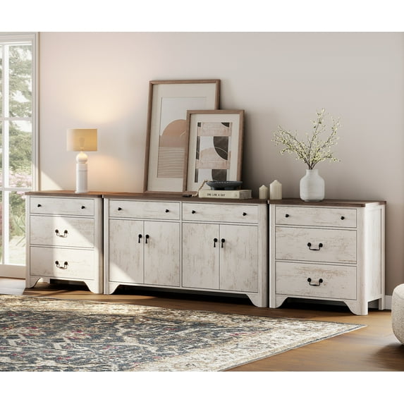 WAMPAT 59" Farmhouse Sideboard Buffet Cabinet with 3-Drawer Dresser Set of 2,Wood Coffee Bar Cabinet with Storage for Bedroom,Kitchen,Entryway,Hallway,and Living Room,White