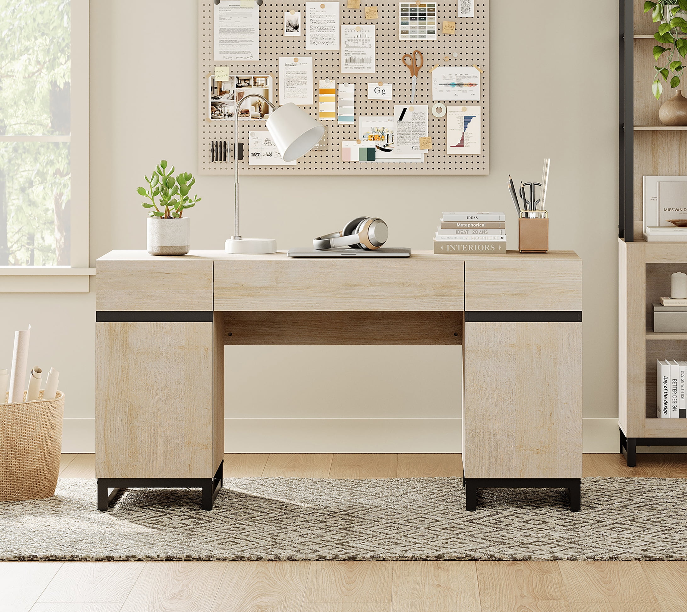 WAMPAT 59 Inch Home Office Desk, Modern Wood Study Computer Desk with Charging Station, File Drawer, 3 Drawers & 2 Cabinets, Beige
