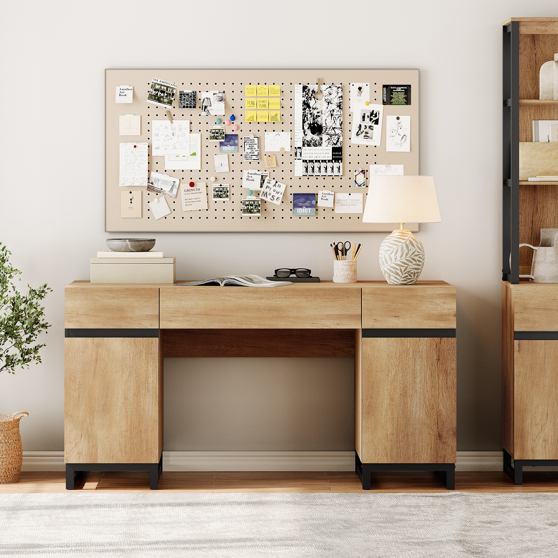 WAMPAT 59 Inch Home Office Desk, Modern Wood Study Computer Desk with Charging Station, File Drawer, 3 Drawers & 2 Cabinets, Oak