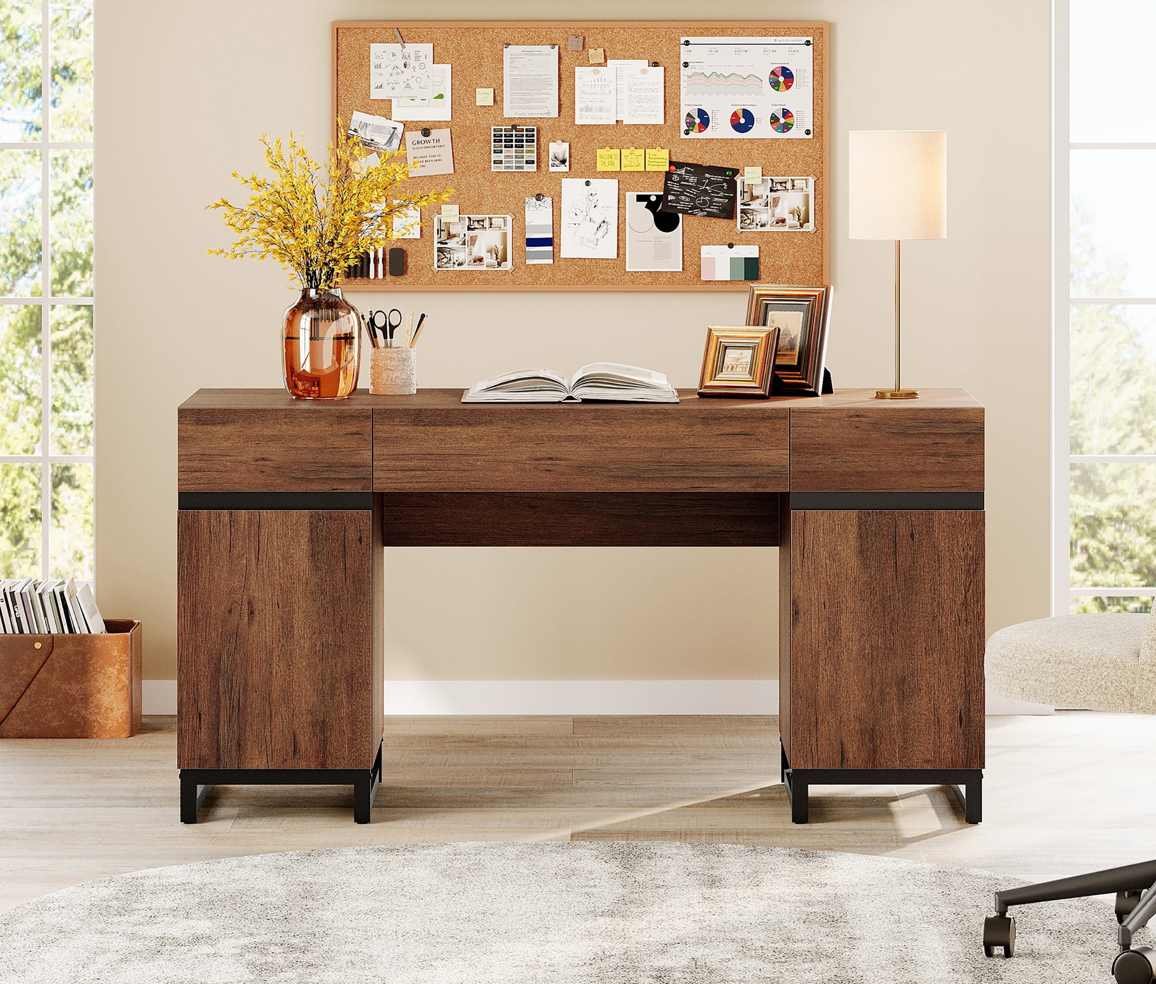 WAMPAT 59 Inch Modern Executive Desk, Home Office Computer Writing Desk with Built-in Charging Station, 3 Drawers, 2 Cabinets & File Drawer, Multifunctional Wood Work Study Desk, Brown