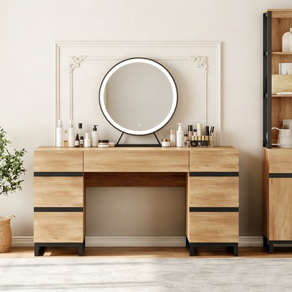 WAMPAT 59 Inch Modern Oak Vanity Desk, Wooden Makeup Dressing Table with Built-in Charging Station and 7 Deep Storage Drawers & Cabinets, Multifunctional Cosmetic Organizer Table for Bedroom,Oak