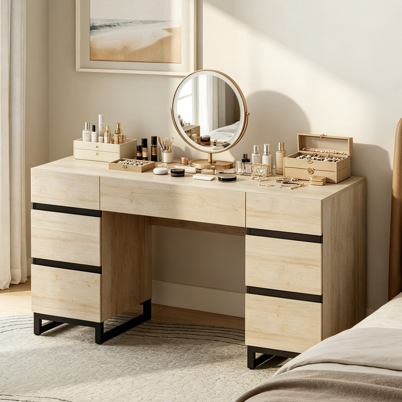 WAMPAT 59 Inch Modern Oak Vanity Desk, Wooden Makeup Dressing Table with Built-in Charging Station and 7 Deep Storage Drawers & Cabinets, Multifunctional Cosmetic Organizer Table for Bedroom,Beige