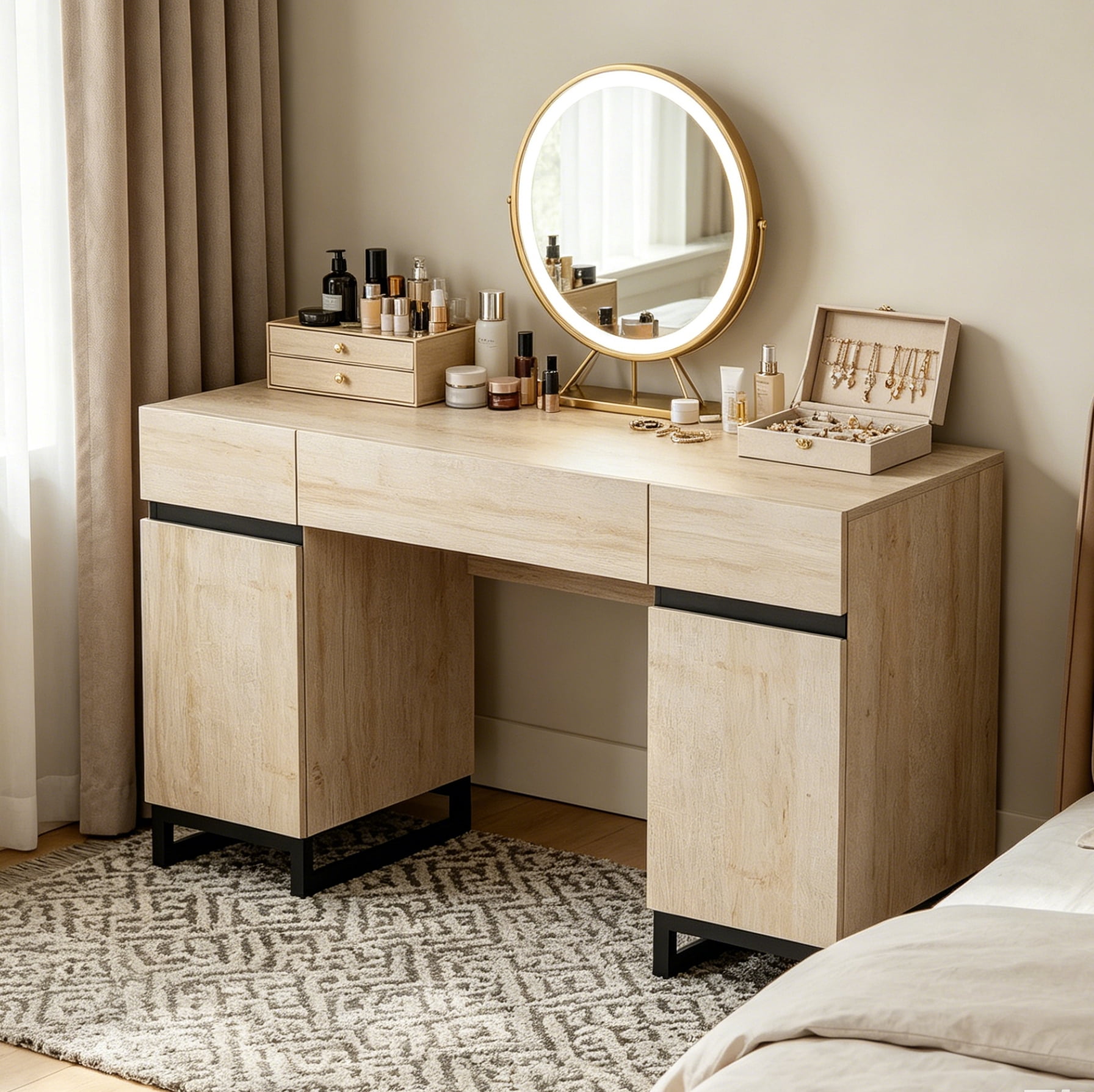 WAMPAT 59 Inch Modern Vanity Desk, Wooden Makeup Dressing Table with Built-in Charging Station, Drawers and Storage Cabinet, Multifunctional Cosmetic Organizer Table for Bedroom, Beige