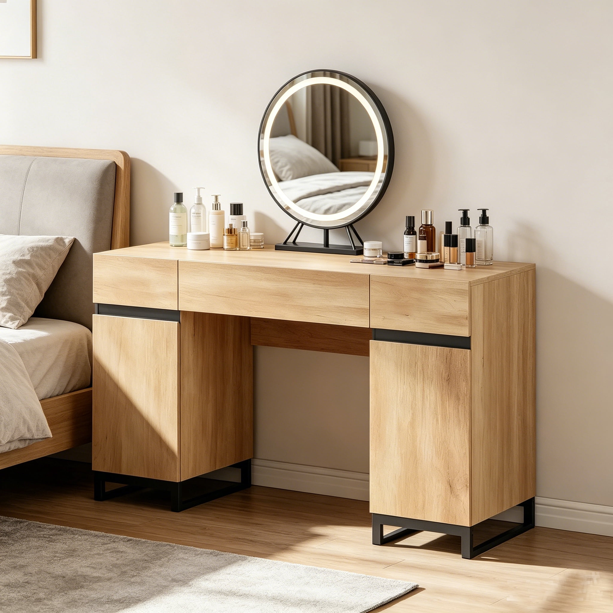 WAMPAT 59 Inch Modern Vanity Desk, Wooden Makeup Dressing Table with Built-in Charging Station, Drawers and Storage Cabinet, Multifunctional Cosmetic Organizer Table for Bedroom, Oak