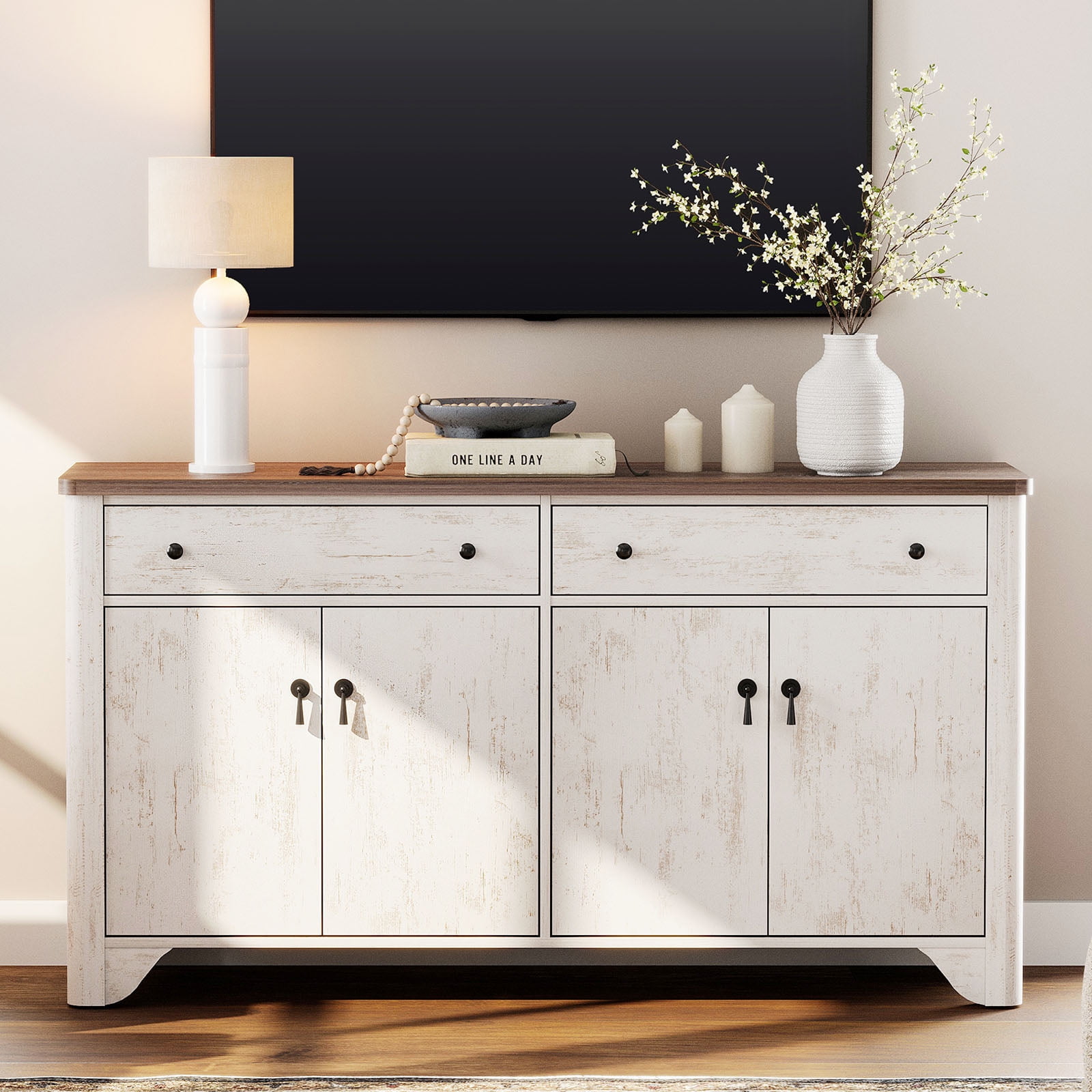 WAMPAT 59" Large Buffet Sideboard Cabinet with 4 Doors and 2 Drawers,Modern Farmhouse Coffee Bar Cabinet Wood Buffet Table for Kitchen, Dining Room,White