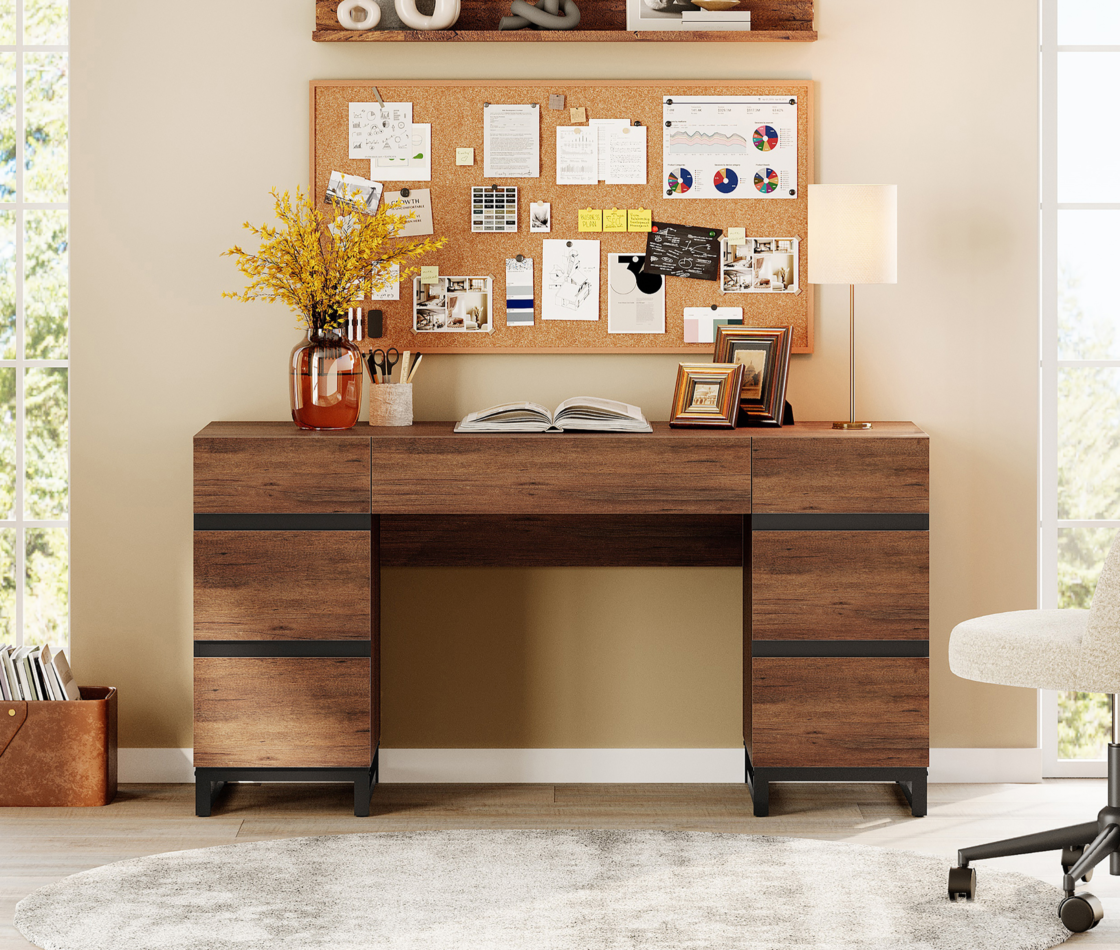 WAMPAT 59" Modern Executive Desk with 7 Drawers, Wood Computer Desk with Built-in Charging Station,Rustic Brown Study Table for Home Office, Bedroom & Living Room
