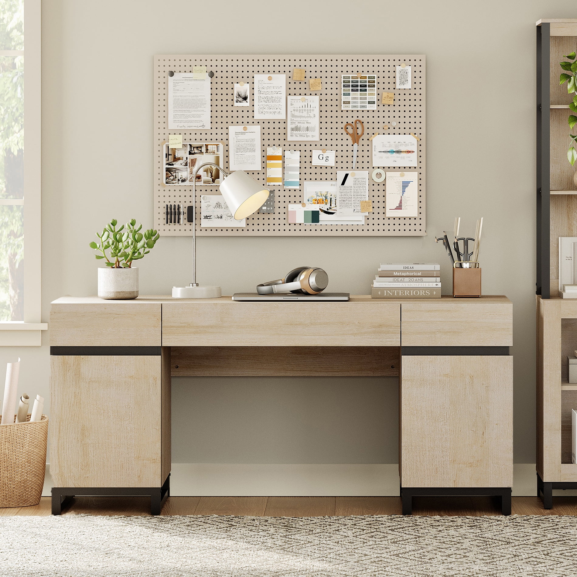 WAMPAT 59" Modern Executive Desk with Built-in Charging Station,3 Drawers, 2 Cabinets & File Drawer,Beige Wood Computer Writing Desk for Home Office, Work & Study