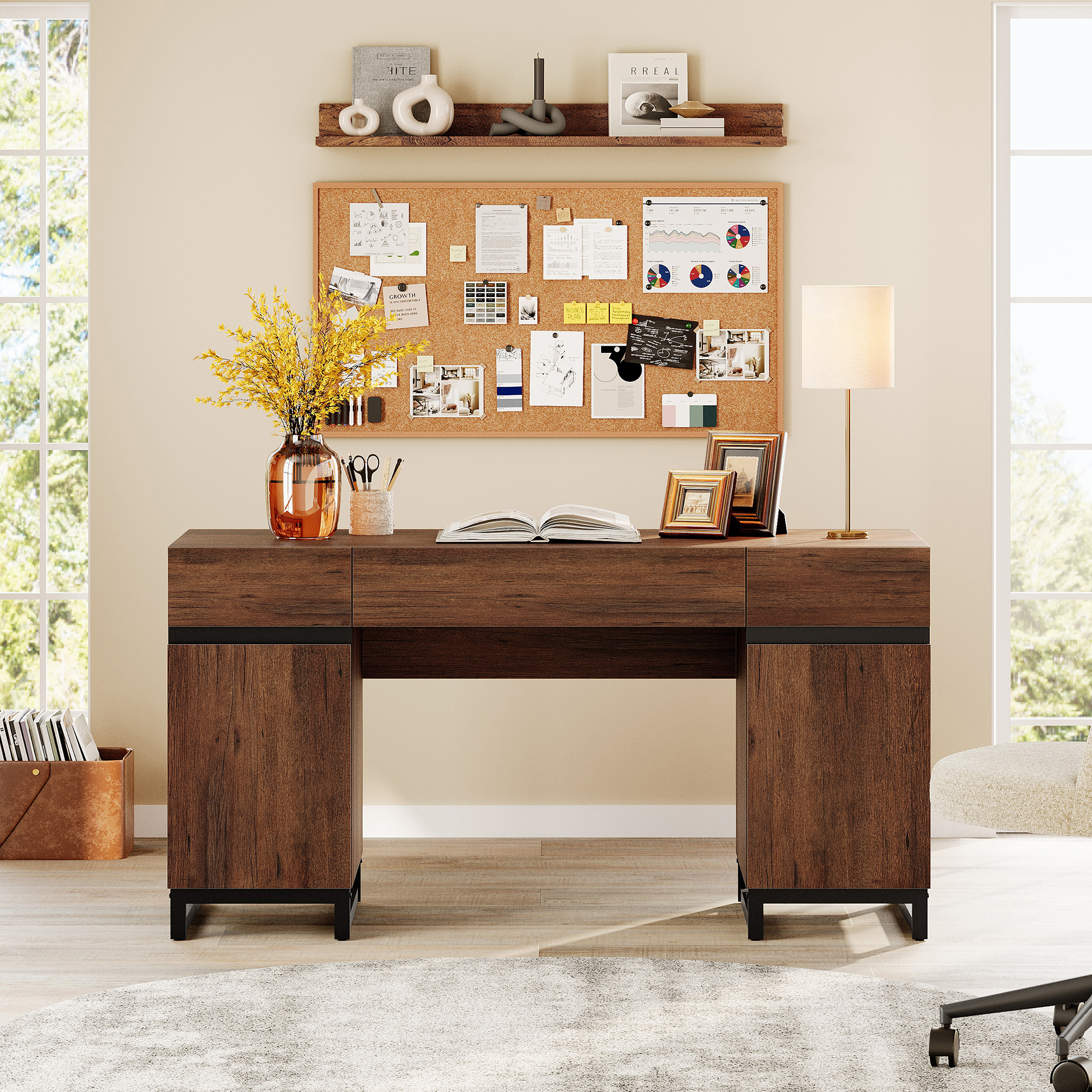 WAMPAT 59" Modern Executive Desk with Built-in Charging Station,3 Drawers, 2 Cabinets & File Drawer,Dark Brown Wood Computer Writing Desk for Home Office, Work & Study