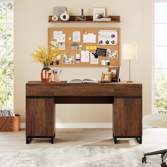 WAMPAT 59" Modern Executive Desk with Built-in Charging Station,3 Drawers, 2 Cabinets & File Drawer,Dark Brown Wood Computer Writing Desk for Home Office, Work & Study