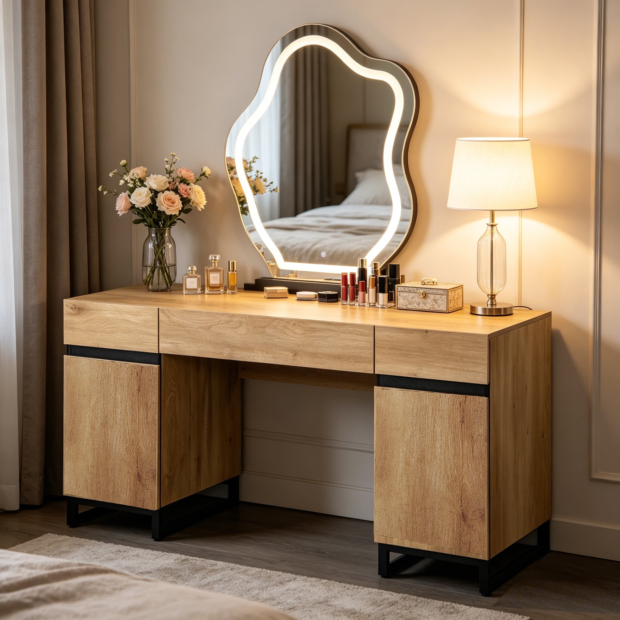 WAMPAT 59" Modern Vanity Desk, Wood Makeup Dressing Table with Charging Station, Drawers and Storage Cabinet for Bedroom Cosmetic Organization,Oak