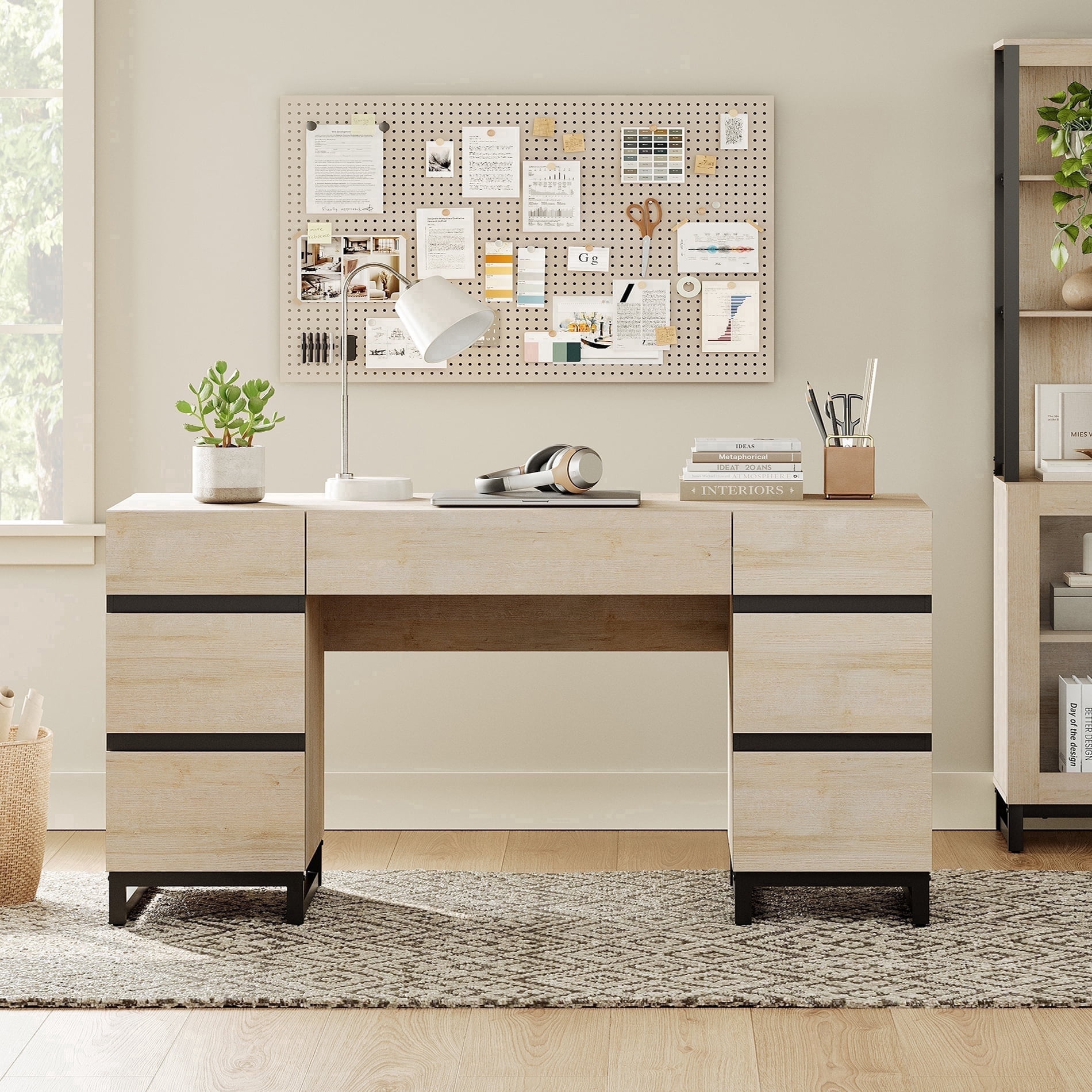 WAMPAT 59" Rustic Beige Modern Executive Desk with Drawers & Charging Station, Wood Computer Writing Desk with File Drawer, Study Table for Bedroom, Living Room & Home Office