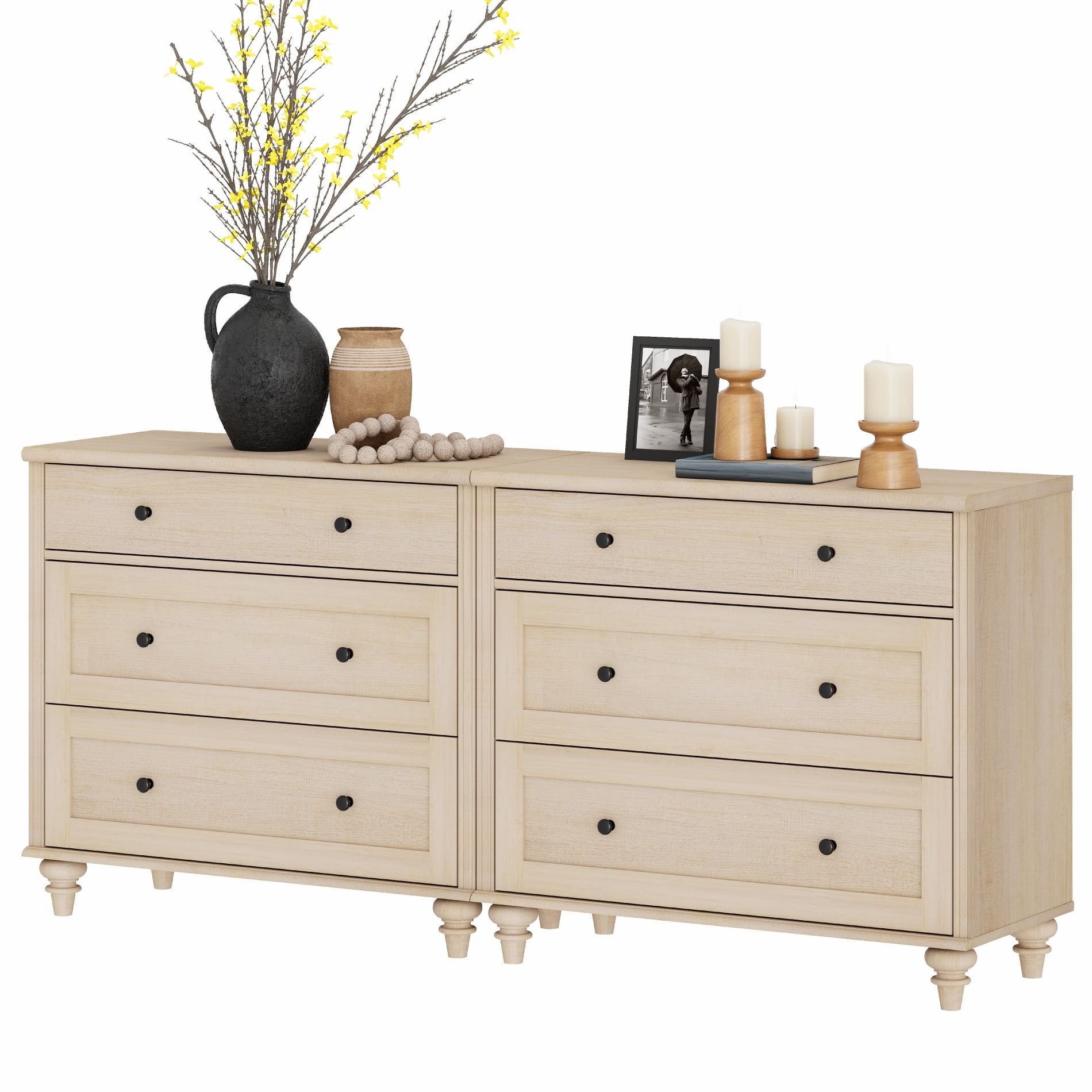 WAMPAT 6-Drawer Beige Dresser, Farmhouse Wooden Storage Chest for