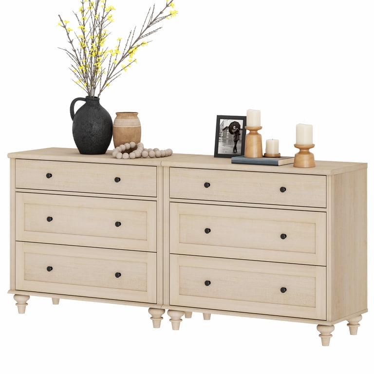 Wampat 6-Drawer Beige Dresser, Farmhouse Wooden Storage Chest for Bedroom & Nursery