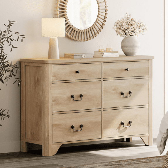 WAMPAT 6 Drawer Dresser for Bedroom,47.2”W Farmhouse Wood Storage Cabinet with Wide Drawers, Rustic Chest of Drawers for Clothes, Entryway, or Living Room