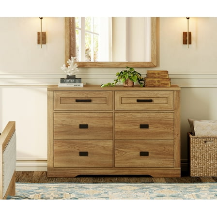 WAMPAT 6 Drawer Dresser for Bedroom,Modern Farmhouse Storage Dresser with Wide Chest of Drawers and Pre-Assembled Drawer Glides for Living Room,Hallway,Vintage Oak