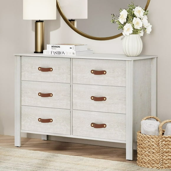 WAMPAT 6-Drawer Fabric Storage Cabinet with Wood Grain Finish, White Kids Dresser with Anti-Tip Kit, MDF Baby Dresser for Nursery Bedroom, White